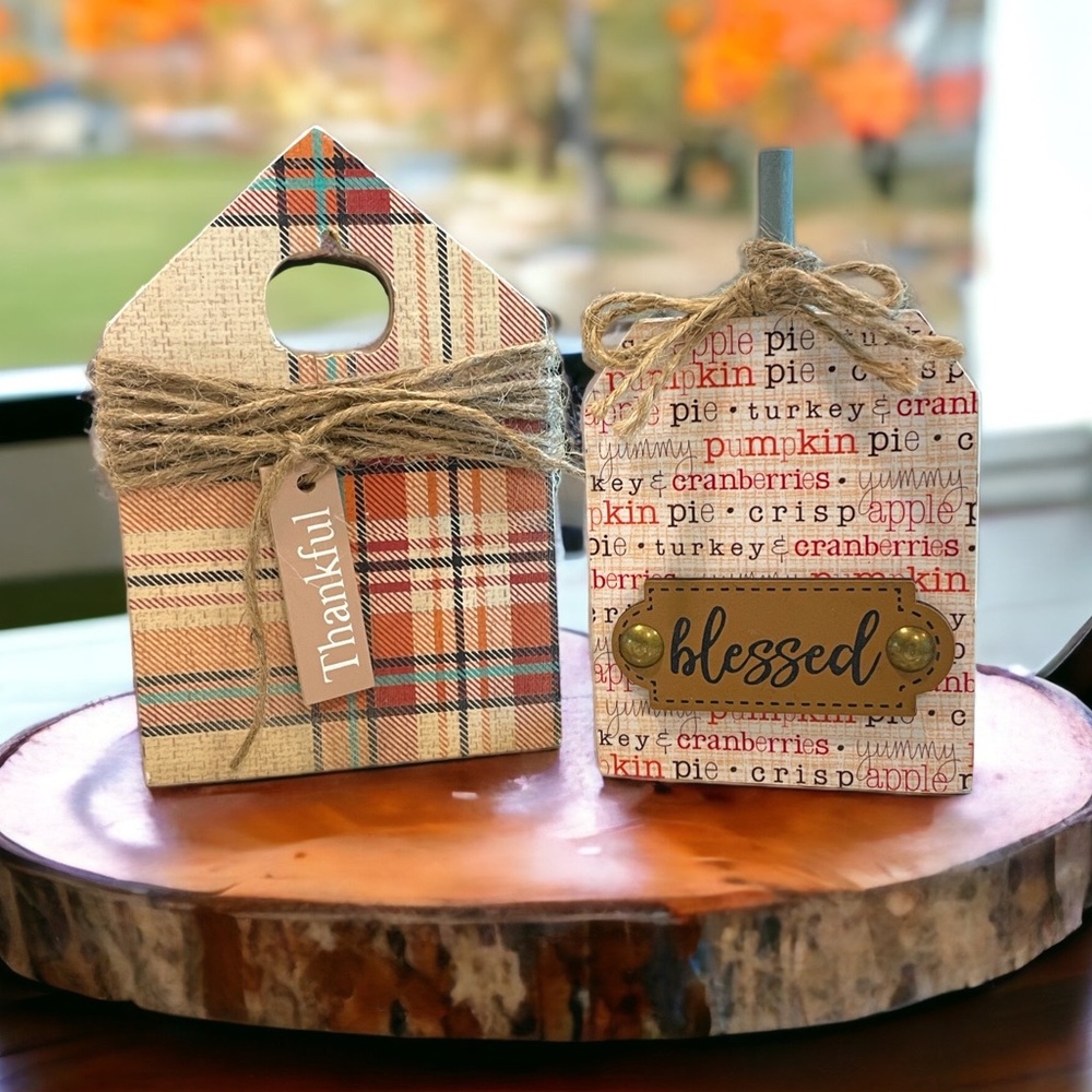 Set of 2 Fall Thankful And Blessed Home Decor Tiered Tray Accents